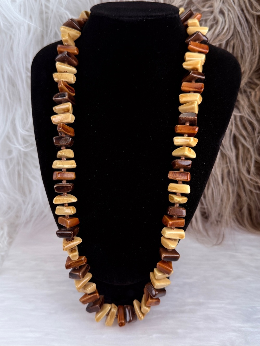 Vintage Chunky Brown Tan Irregular Bead Necklace Earth Tone Boho Statement